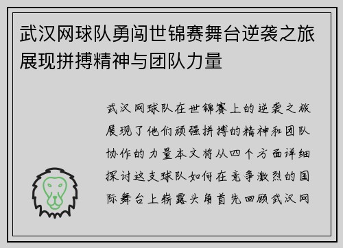 武汉网球队勇闯世锦赛舞台逆袭之旅展现拼搏精神与团队力量